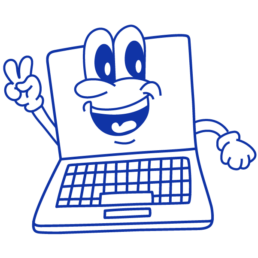 illustrierter Laptop mit großen Augen und ein Lachen auf dem Bildschirm. Er sieht sehr sympathisch und motiviert aus.
